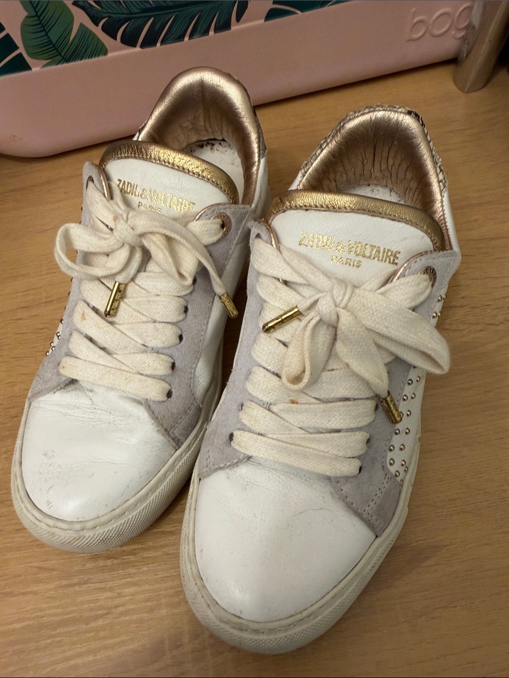 Zadig & Voltaire Paris White and Gold Women's Casual Leather Sneakers
